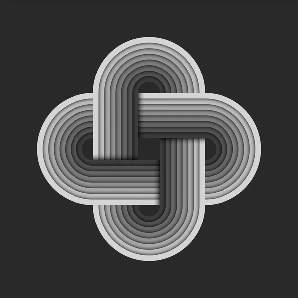 丸みを帯びた形状のロゴや層状効果創造的なパターン記号とグラデーショングレーのインターレースストライプで作られたプラス記号 — ストックベクタ