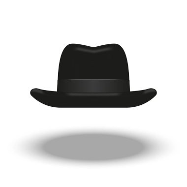 A black homburg hat of fur felt front view isolated on white background realistic 3d vector object, with single dent running down centre of the crown. Wide silk grosgrain hatband ribbon and flat brim. clipart