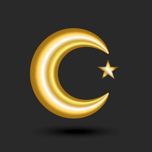 这颗金色的星和新月形的3D小群 阴影被隔离在黑色的背景中 是伊斯兰教的象征 — 图库矢量图片