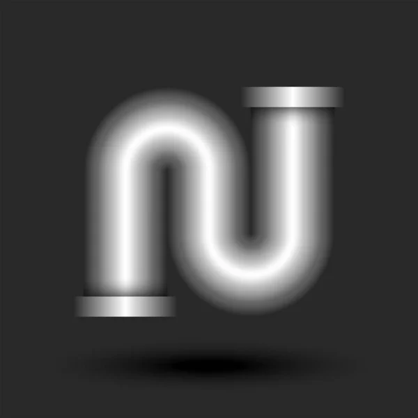 フランジ滑らかな形状 銀創造的な書道の文字マーク タイポグラフィのデザイン要素と太字の文字Nモノグラム3Dロゴ金属管 — ストックベクタ