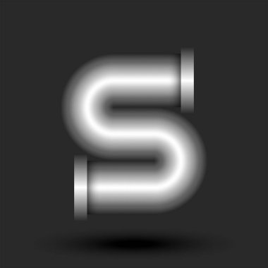 Kalın S harfi logo monogram 3D flanşlı metalik boru pürüzsüz şekil, gümüş yaratıcı endüstriyel logomark, tipografi tasarım elementi.