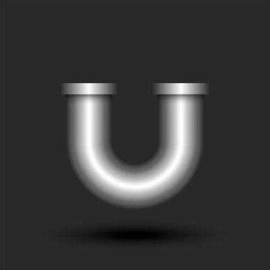 Kalın harfli U logosu 3 boyutlu metalik boru flanjlar düz eğri şekli, gümüş renkli yaratıcı logografi logomu, endüstriyel logotip tasarımı.
