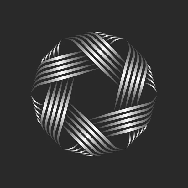 手作りの縫製工房のための糸ロゴ丸型金属結び目のボール 交差薄い銀平行線円形織りパターン — ストックベクタ