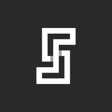 Düz açılı tipografi işareti logosu altında birbirine dolanmış çizgilerden S harfinin monogramı beyaz çizgiler ya da şeritler şeklinde yaratıcı dokuma.