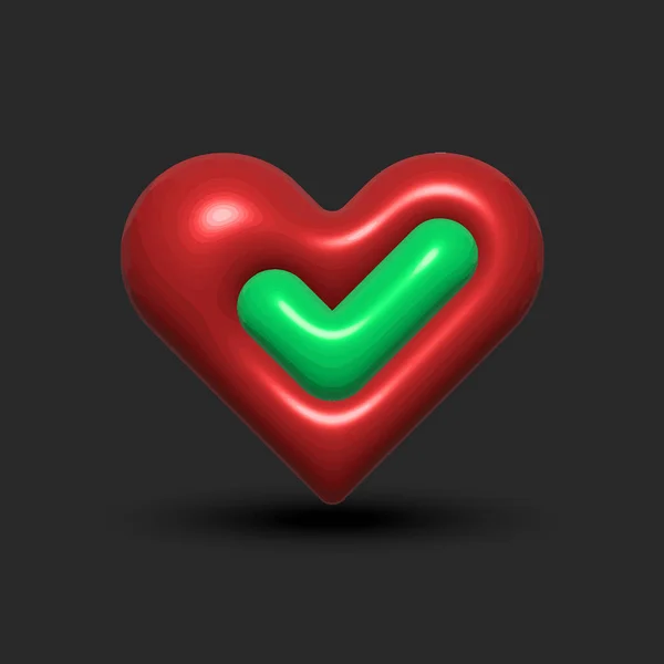 Yeşil Kontrol Işareti Koyu Arka Plandaki Kırmızı Kalp Gibi Gerçekçi — Stok Vektör