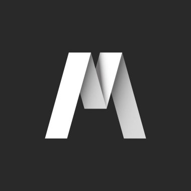 M 3d çizgili logo kalın yazı tipi tipografi tasarımı ögesi, kağıt kesimi malzeme tasarımı modeli, siyah ve beyaz gradyan logoti, yaratıcı kimlik işareti, moda butik amblemi.