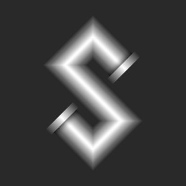 S harfinin monogram harfi 3d boru hattı şeklindeki metal flanşlı yapı, metalik gradyan renk yaratıcı tipografi, endüstriyel stil logot tasarımı.