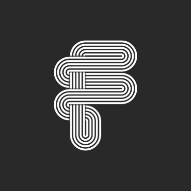 Baş harf F logosu, paralel beyaz üst üste binen ince çizgi deseni düzgün kurdeleler kıvrımlar, çizgili çizgisel form logosu modellemesi..