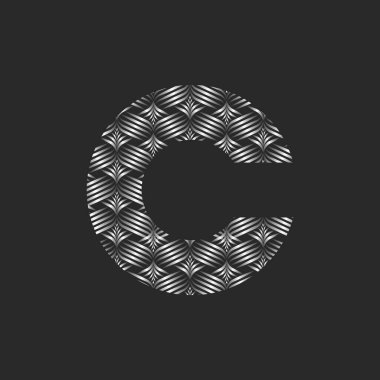 Kalın C harfi monogram sanatsal desen logosu, gümüş paralel çizgiler yaratıcı, geometrik düz şekiller üst üste binen metalik çizgiler, kimlik tipografi logosu.
