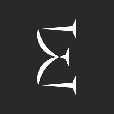 Monogram harfi E logosu klasik tasarım, siyah arkaplanda keskin tırtıklı beyaz harf.