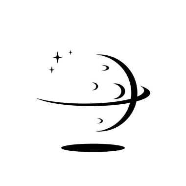 Halkaları, kraterleri ve yıldızları olan kozmik logo soyut gezegen siyah ve beyaz negatif uzay tarzı.