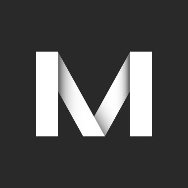 MV, VM harflerini andıran kalın M harfi logo tasarımı, 3D kurdele tipografi elementi, kağıt kesiği malzeme modeli, gri ve beyaz gradyan gölgeler, yaratıcı tipografi kimlik logosu.