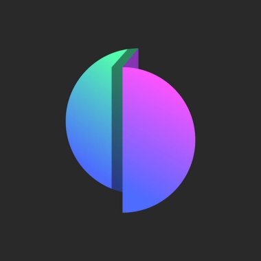 Renkli gradyan, yuvarlak katmanlı geometrik şekilli yarım daire logosu origami tarzında kıvrılmış. İki alandan dairesel sembol, canlı gradyan ve gölgeler..