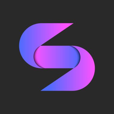 S harfi logosu 3D tasarım canlı pembe ve mavi gradyan katmanlar, üst üste binen alanlar ve gölgeler ile yaratıcı tipografi sembolü.