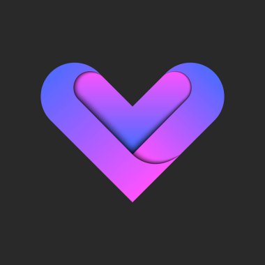 Siyah arkaplanda kalp şekli logosu, mor ve pembe gradyan çizgiler, üç boyutlu bir kalbin soyut şeklini oluşturuyor, aşkın kağıt kesiği sembolü..