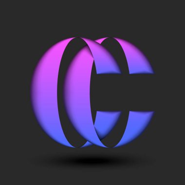Üst üste binen harfler CC harfleri 3d logo, kaligrafi monogramı iki harf C ve C logosu titreşimli mor gradyan, tipografi yaratıcı kimlik tasarımı.