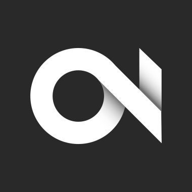 Üzerinde üç boyutlu beyaz kurdele tipografi öğesi bulunan ilk harfler on veya NO harfleri. İki harf O ve N, kağıt kesiği tasarımı, yaratıcı hat ögesi, gri ve beyaz gradyan çizgiler..