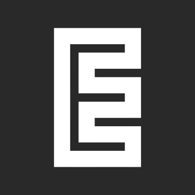 Siyah arka planda geniş beyaz çizgili E harfli logo. Geniş paralel çizgilerden gelen yaratıcı kimlik EE logosu.