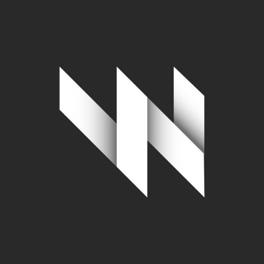 Kalın W harfli ilk monogramlı logo, üst üste binen beyaz geniş kurdeleler, kağıt kesiği malzeme tasarımı, çizgi sanatı yaratıcı el yazısı, gri ve beyaz gradyan kesişim çizgileri..