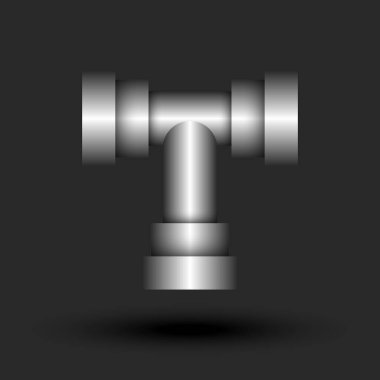 Endüstriyel metalik T-birleşik boru dizaynı, soyut gümüş T-şekilli mektup, boru hattı bağlantı teknolojisi çizimi.