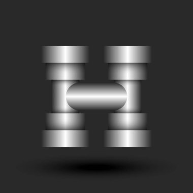 Metal harf H monogram 3d logo endüstriyel stil, kaligrafi işareti yapı metalik silindirlerden, yaratıcı tipografi tasarım elementi.