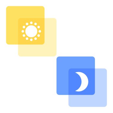 Güneş ve ay sembolleriyle üst üste binen sarı ve mavi kareler içeren gündüz ve gece simgeleri. Zaman kavramlarını, dengeyi ve ikiliği temsil etmek için minimum vektör tasarımı ideal.