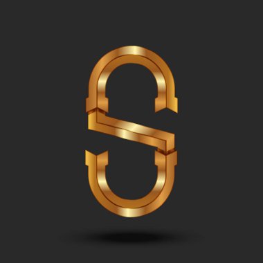 Metalik kurdele efekti ve gölgesi olan 3d harfli S logosu, kartvizit amblemi için altın kaligrafi baş harfi..