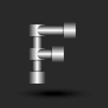 Metal harf F monogram 3d logo endüstriyel tarzı, gümüş silindirlerden hat işareti yapısı, yaratıcı tipografi tasarım elementi.