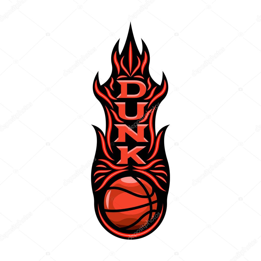 Blazing basketball dunk text logo with ball and fiery flames, symbolizing the power, speed, and intensity of the game, perfect for branding sportswear, team emblems, and athletic competition designs.