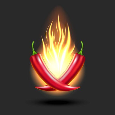 Two red chili peppers crossed in front of flames fiery realistic vector illustration, symbolizing heat, spice, bold flavors, for hot sauce branding, spicy food promotions, or cooking-related. clipart