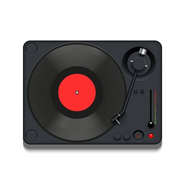 Müzik konseptleri, retro tasarım ve ses temalı projeler için siyah turntable gerçekçi vektör illüstrasyonu, kırmızı etiket, tonearm ve kontrol paneline sahip vinil plak çalar.