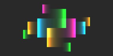 Neon yeşili, mavi, pembe ve sarıdan oluşan soyut renkli ışık blokları modern tasarımlar için geleceksel ve dinamik dijital sanat kareleri oluşturur..