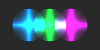 Karanlık bir arka planda neon mavisi, yeşil ve pembe gradyanlı parlak daireler modern yaratıcı tasarımlar için fütüristik soyut ışık efekti yaratıyor..