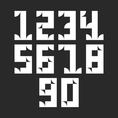 Çağdaş tipografi, grafik tasarımı ve yaratıcı projeler için, kesme şekilli sayılar, koyu arkaplan üzerinde 0 'dan 9' a kalın beyaz basamaklı modern geometrik sayı kümesi.