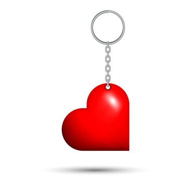 Kırmızı kalp anahtarlığı parlak yüzey gerçekçi vektörü, metalik zincir ve yüzük, beyaz arka planda izole edilmiş, sevgililer günü konseptleri, aşk sembolleri, romantik hediyeler ve tatil aksesuarları için..