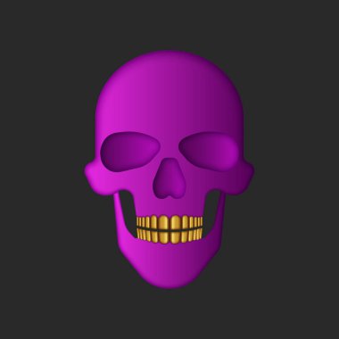 Karanlık arka planda altın dişli canlı pembe kafatası, soyut sanat için modern sürreal tasarım, cadılar bayramı kavramları, gotik moda, ve psikedelik dijital vektör çizim trendleri.