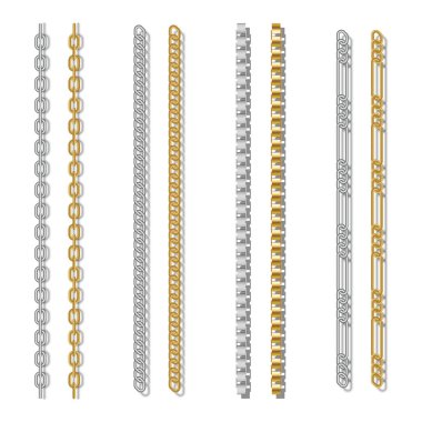 Altın ve gümüşten yapılmış mücevher zincirleri farklı türde dokumacı gerçekçi vektör nesneleri, karmaşık bağlantılar, çeşitli tasarımlar ve cilalı sonlar, moda aksesuarları için ideal.