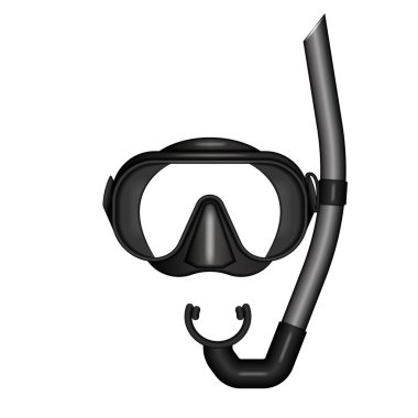 Realistic diving mask and snorkel tube black set 3d vector objects front view isolated on white, equipments for underwater adventures, snorkeling, and scuba diving, marine exploration. clipart