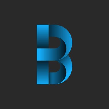 B harfi monogram logosu üst üste binen mavi eğimli kurdele stili ve koyu arkaplan üzerinde parlak gölge etkisi, fütüristik marka kimliği.