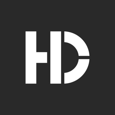 Kalın çizgileri olan HD monogram logo tasarımı geometrik tipografi, minimalist stil ve negatif uzay efekti, bağlı harfler H ve D logosu.