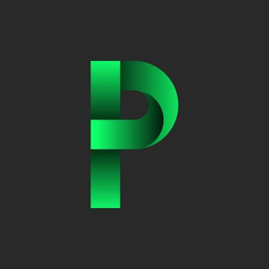 Kurdele efektli yaratıcı zehirli yeşil harf P logosu, zarif 3d vektör tipografisi, modern gradyan alfabe sembolü, stil katlanmış kağıt tarzı, koyu arkaplanda fütürist yazı tipi.