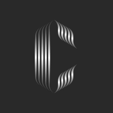 Kıvrımlı C harfi monogram gümüş çizgiler desen tasarımı, düz metalik paralel geometrik şekiller, kimlik markalaşması için yaratıcı metalik logolar.