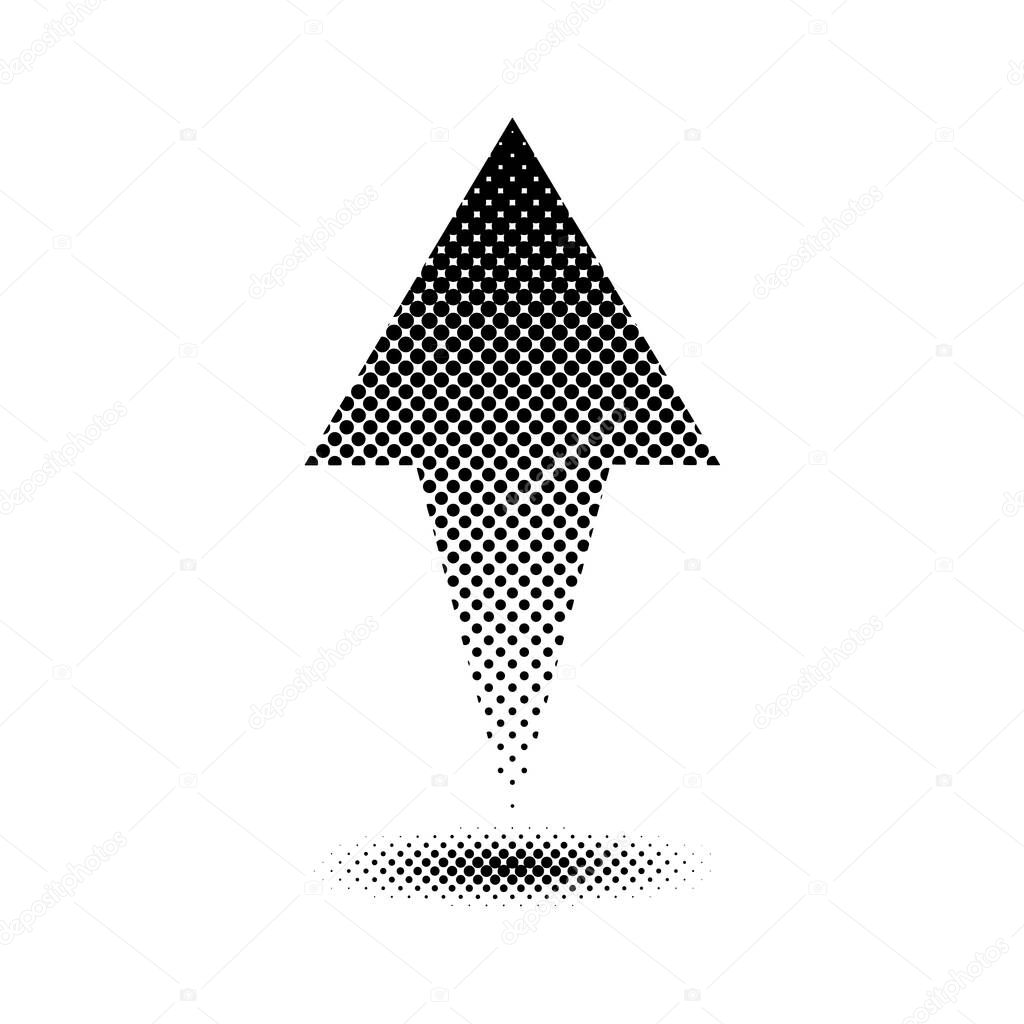 Arrow logo pointing upward with gradient halftone dot texture, abstract black symbol of growth on white background representing progress, upload, increase, motion, direction.