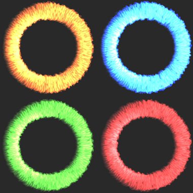 Renkli, parlayan neon rengi, soyut, dairesel çerçeveler. Koyu arkaplanda yırtık desenli darbelerden yapılmış maketler. Dekoratif sınırlar, şekil dijital sanat tasarımı elementleri..