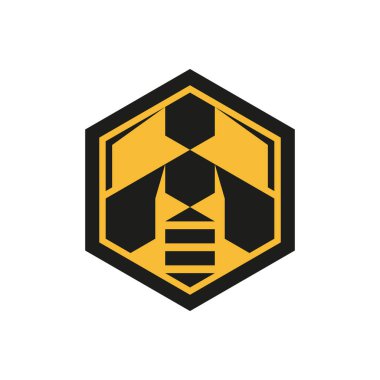 Arı logosu, geometrik düz stil içinde bal üretimini, eko tarımını, arı markasını, böcek kimliğini, doğal ürünleri ve sürdürülebilir arıcılığı temsil eden altıgen rozet..