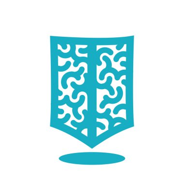 Soyut kıvrımlı çizgi desenli beyin ve kalkan logosu, akıl sağlığı için modern amblem, bilişsel bilim, sinirsel güvenlik, eğitim ve akıllı koruma teknolojileri.