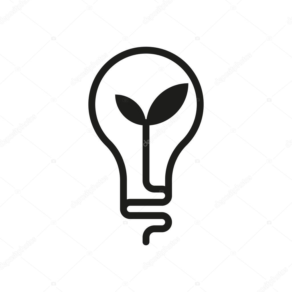 Green energy logo with sprout growing inside light bulb, symbol of eco innovation, clean electricity, environmental responsibility, sustainable development and renewable ecological solutions.