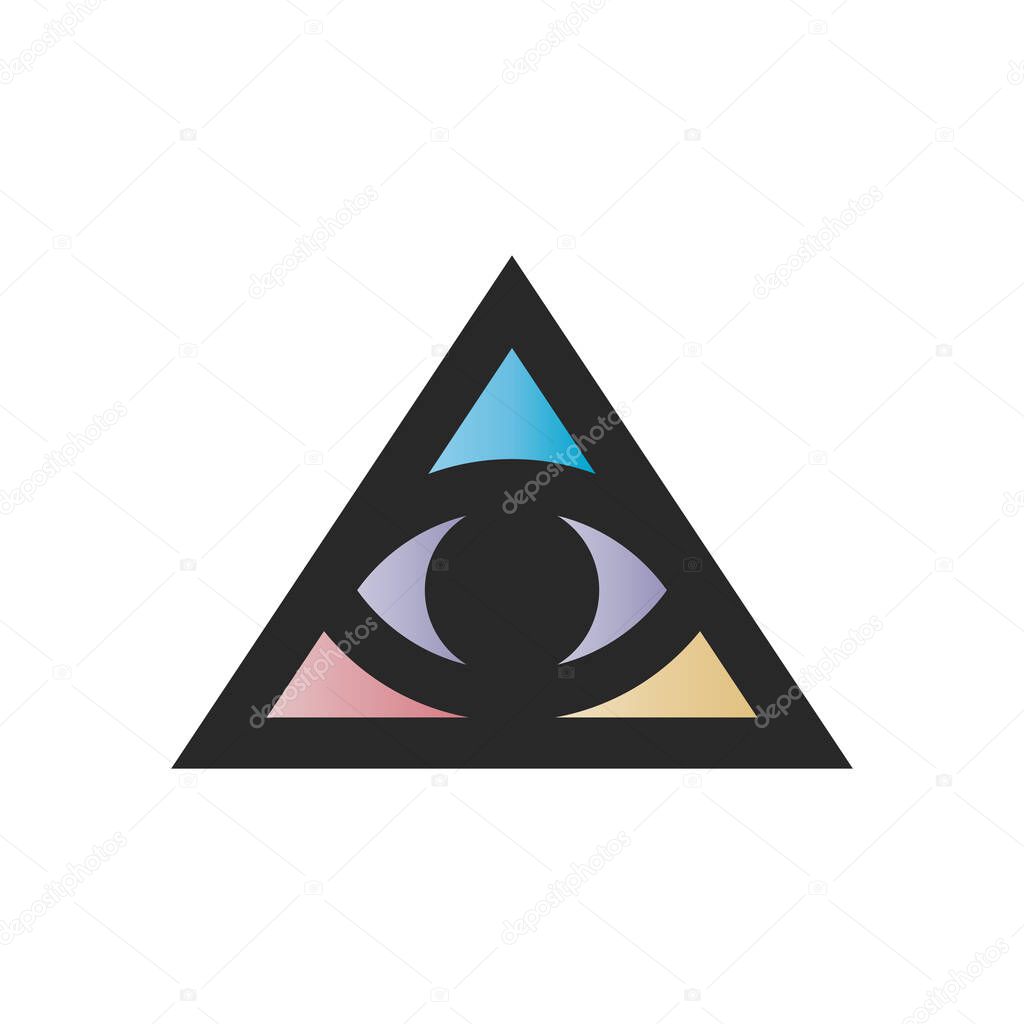 Mystical triangle eye logo with modern flat design, colorful triangular geometric shapes and abstract sacred composition for esoteric, spiritual, and visionary branding.