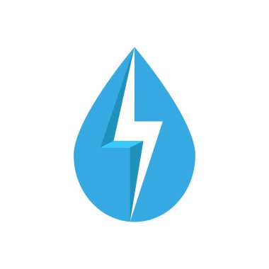 Mavi, enerji ve sıvı entegrasyon ikonu olan su damlası, sürdürülebilirlik, elektrik kullanımı, güç tasarrufu ve eko teknoloji sembolü için minimum stil vektör amblemi.