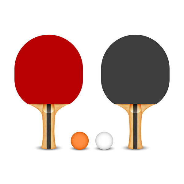 Table tennis rackets with red and black rubber surfaces and wooden handles and orange and white balls isolated on white background, realistic 3d vector clipart sports equipment, ping pong paddles.
